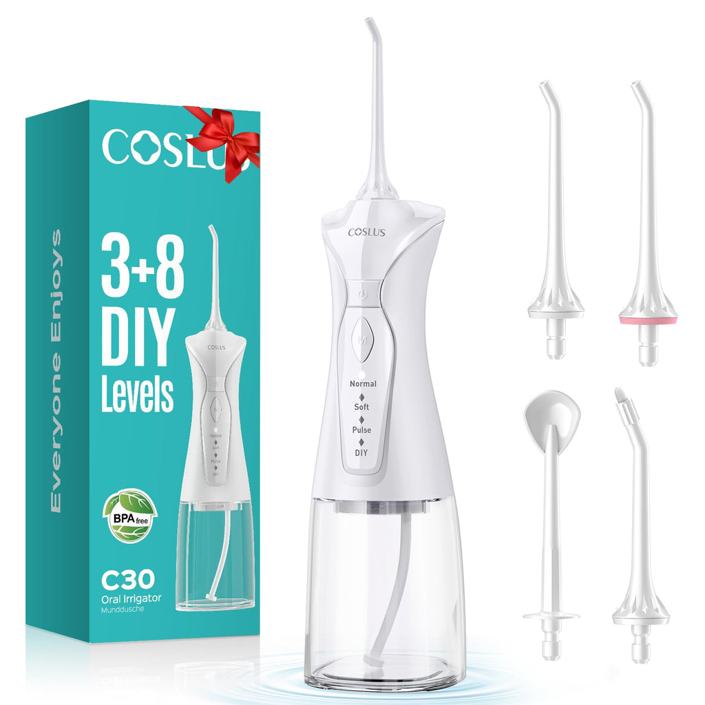 COSLUS Water Dental Flosser Pick for Teeth C30(FC5360): 4 Modes Cordless Portable 300ML Larger Tank Water Teeth Cleaner IPX7 Waterproof Flossing Cleaning Picks for Home Travel Black