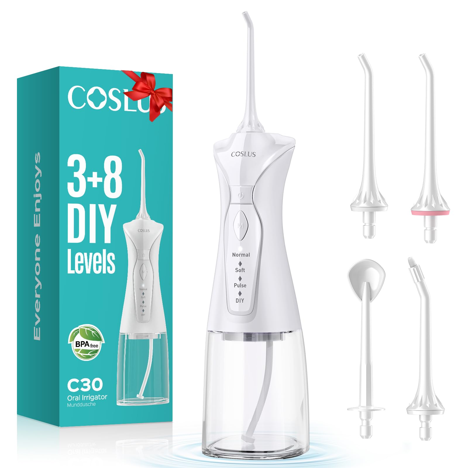 COSLUS Water Dental Flosser Pick for Teeth C30(FC5360): 4 Modes Cordless Portable 300ML Larger Tank Water Teeth Cleaner IPX7 Waterproof Flossing Cleaning Picks for Home Travel Black
