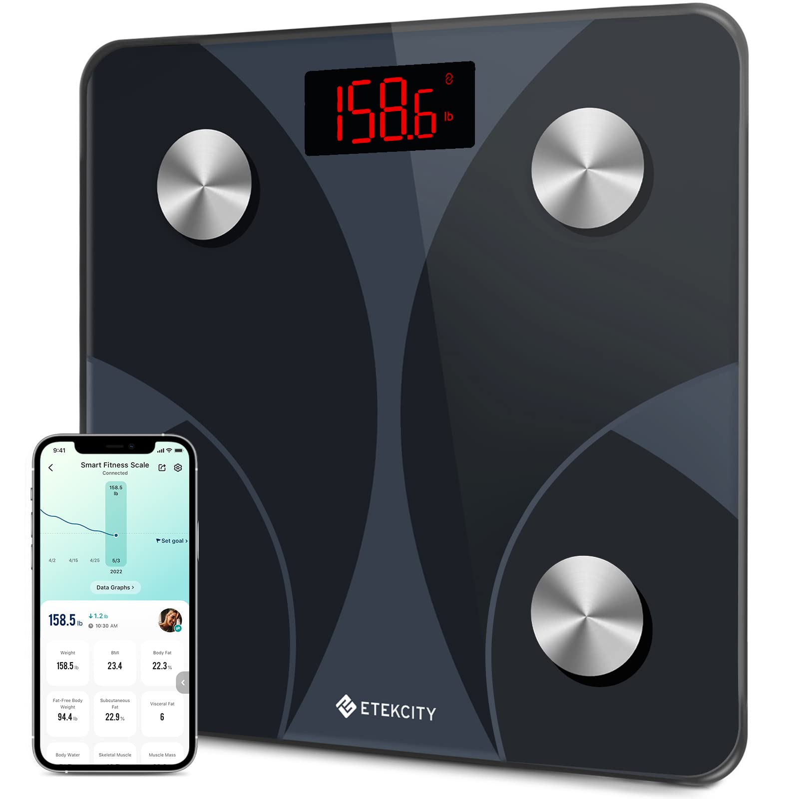 Etekcity Smart Scale for Body Weight, FSA&HSA Eligible, Bathroom Digital Weighing Scale with BMI, Body Fat, Muscle Mass, Accurate Bluetooth Home User Health Equipment Sync Apps, LED, Tempered glass