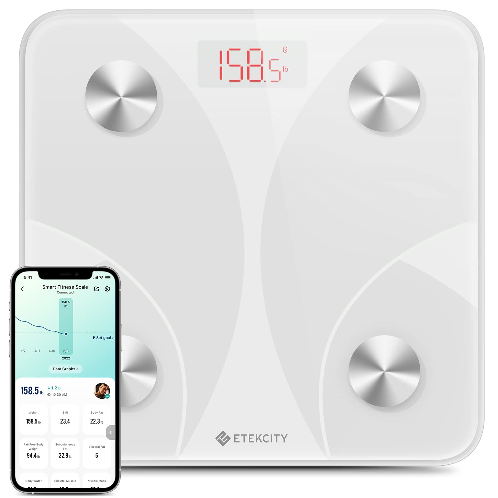 Etekcity Smart Scale for Body Weight, FSA&HSA Eligible, Bathroom Digital Weighing Scale with BMI, Body Fat, Muscle Mass, Accurate Bluetooth Home User Health Equipment Sync Apps, LED, Tempered glass