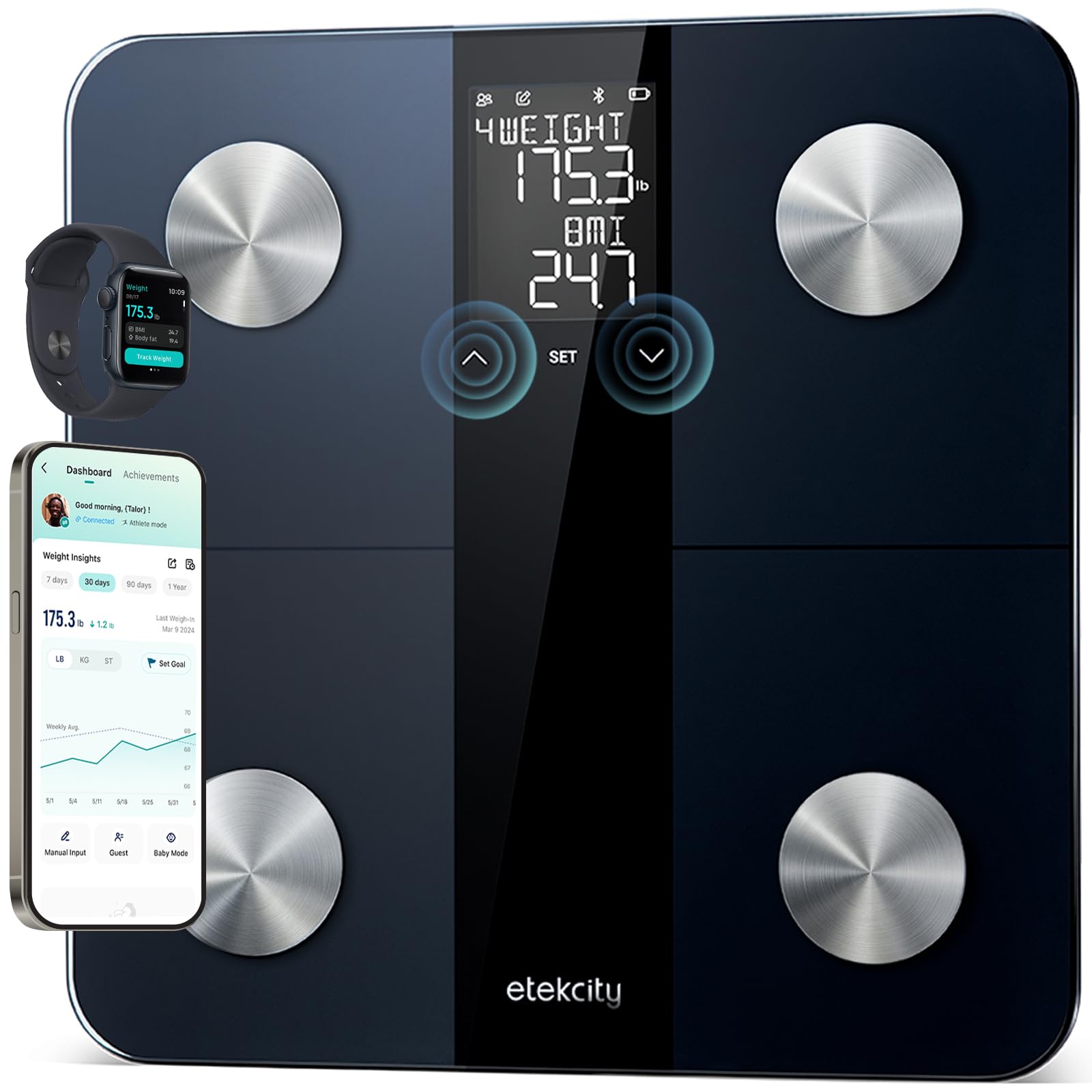 Etekcity Smart Scale for Body Weight, FSA&HSA Eligible, Bathroom Digital Weighing Scale with BMI, Body Fat, Muscle Mass, Accurate Bluetooth Home User Health Equipment Sync Apps, LED, Tempered glass