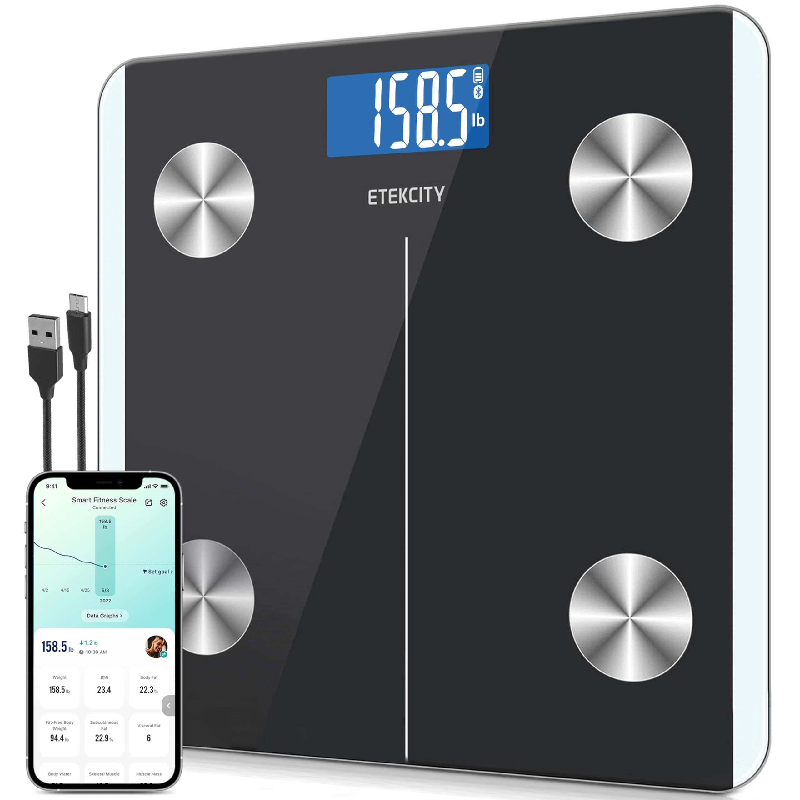 Etekcity Smart Scale for Body Weight, FSA&HSA Eligible, Bathroom Digital Weighing Scale with BMI, Body Fat, Muscle Mass, Accurate Bluetooth Home User Health Equipment Sync Apps, LED, Tempered glass
