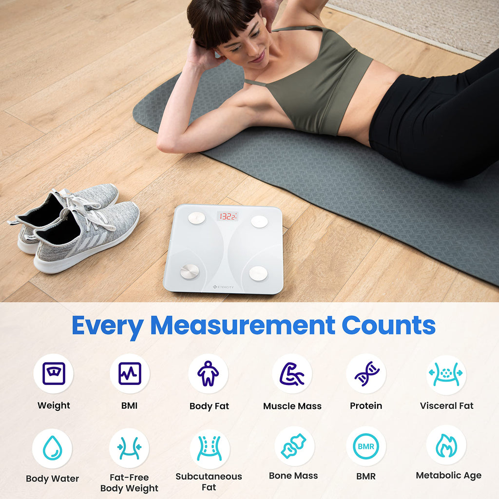 Etekcity Smart Scale for Body Weight, FSA&HSA Eligible, Bathroom Digital Weighing Scale with BMI, Body Fat, Muscle Mass, Accurate Bluetooth Home User Health Equipment Sync Apps, LED, Tempered glass