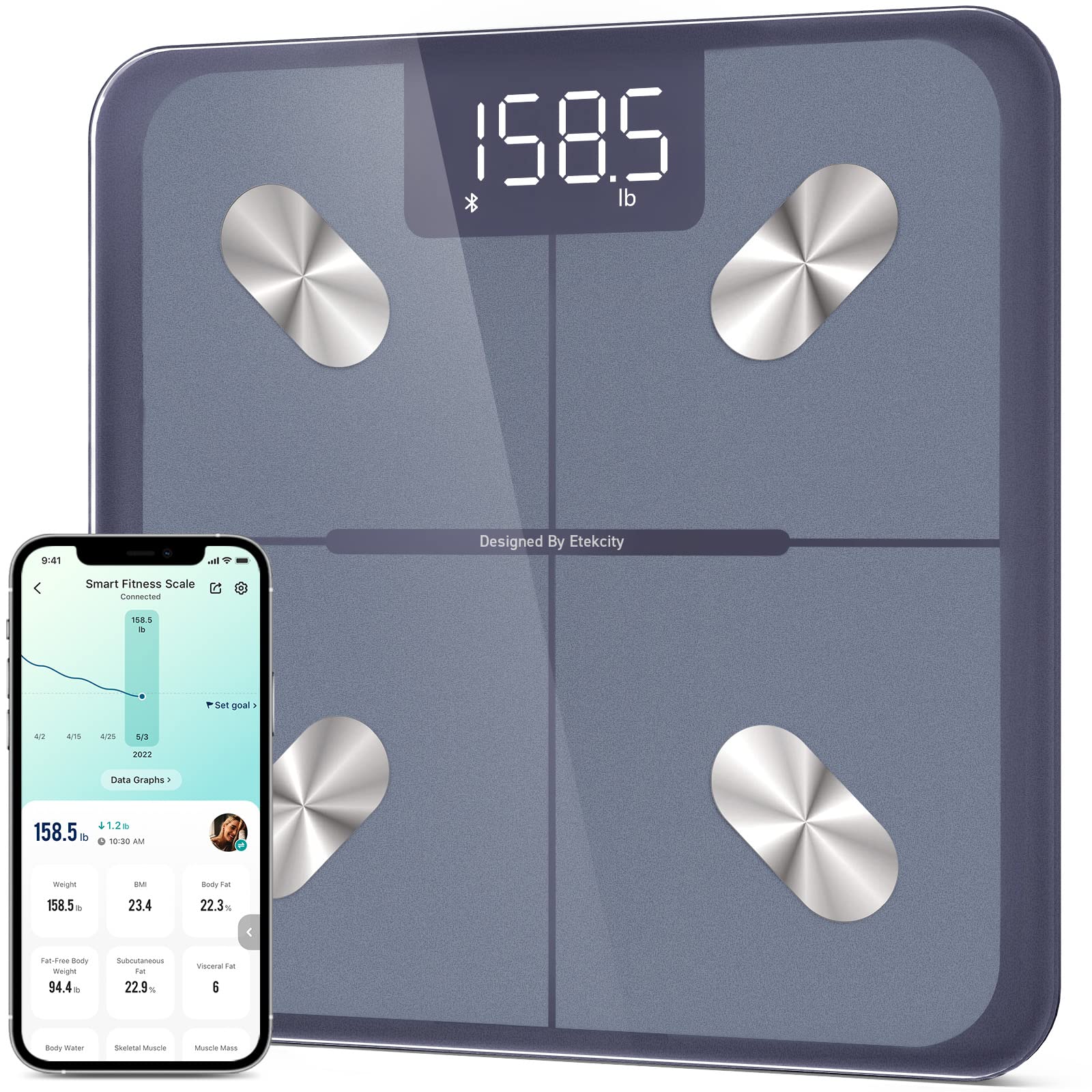 Etekcity Smart Scale for Body Weight, FSA&HSA Eligible, Bathroom Digital Weighing Scale with BMI, Body Fat, Muscle Mass, Accurate Bluetooth Home User Health Equipment Sync Apps, LED, Tempered glass
